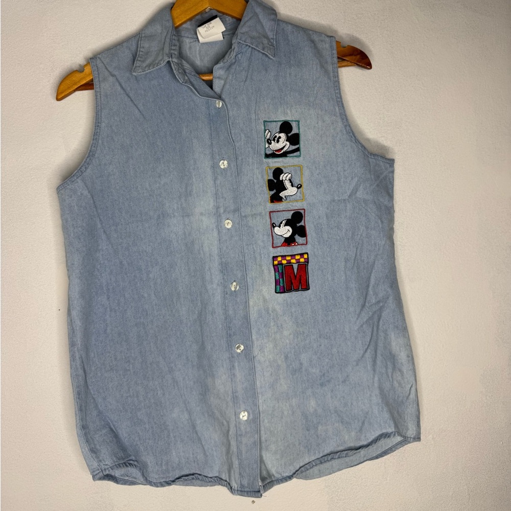 90’s vintage Disney Mickey Mouse button down chambray tank top button down